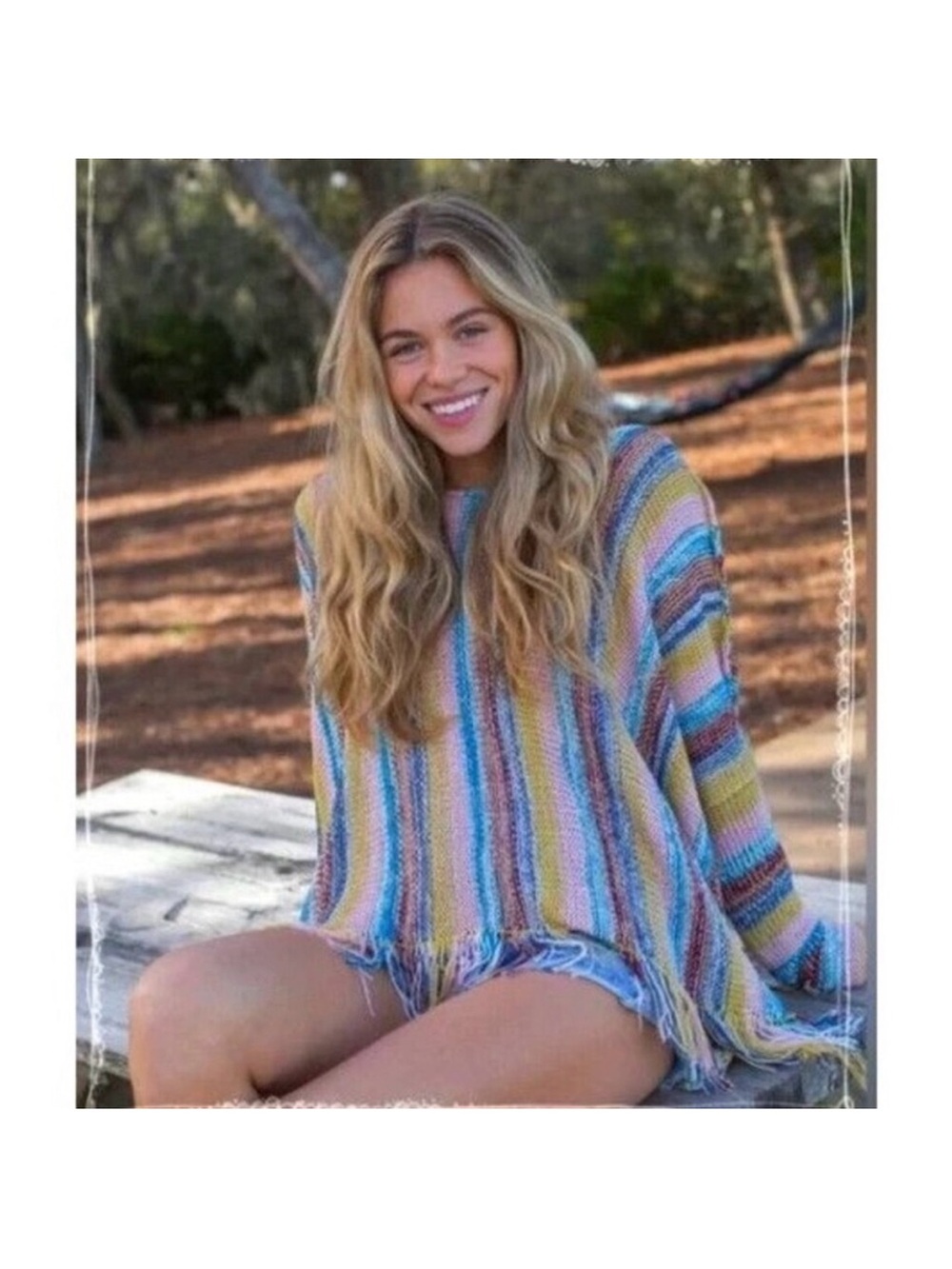 NATURAL LIFE Multicolor Striped Fringe Crochet Sweater